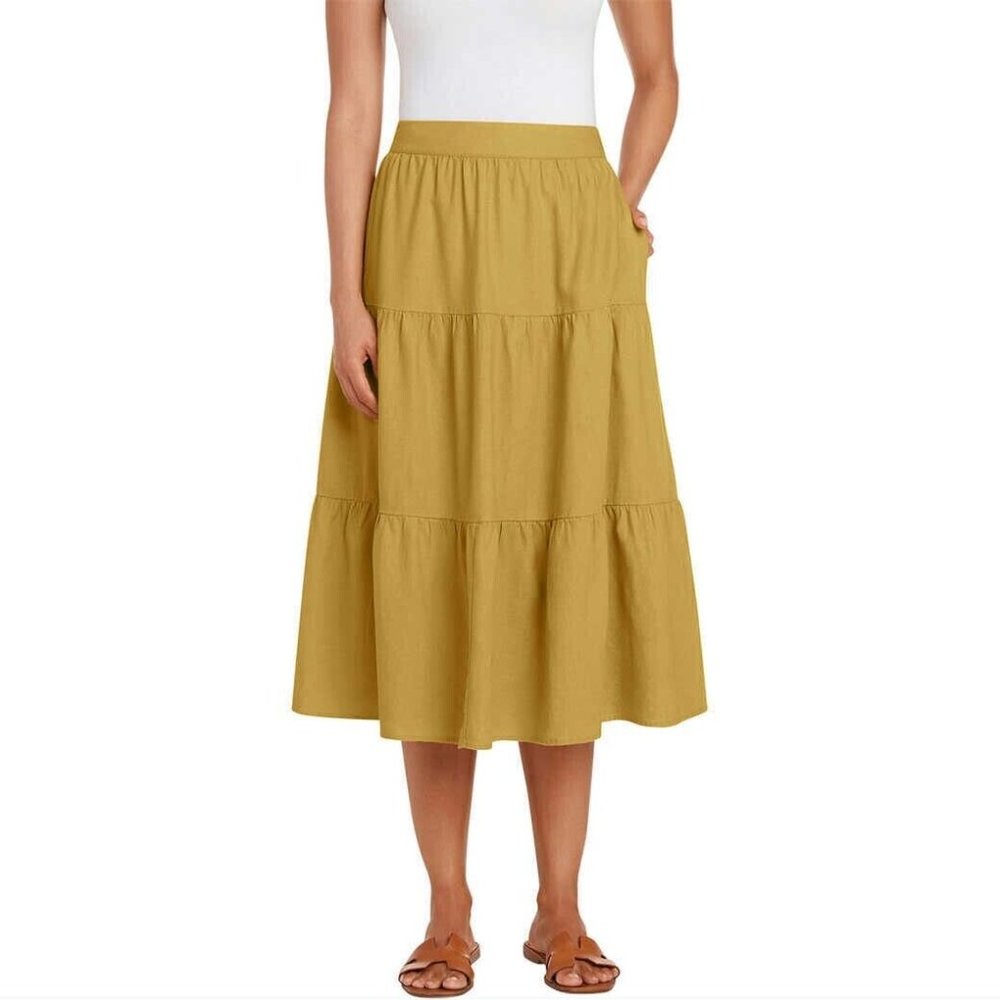 NWT Matty M Women's 3 Tiered Pull On Midi Skirt Mustard Size M $60 9HL239